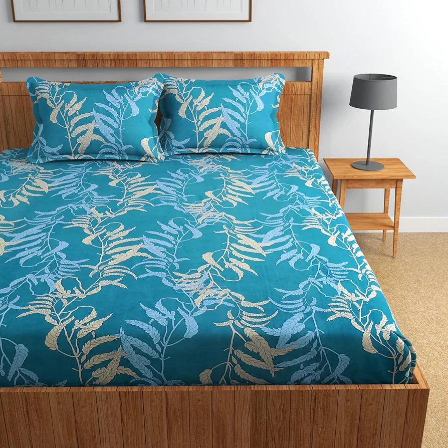 Homefab India 160 TC Glace Cotton Double BedSheet with 2 Pillow Covers Aqua Floral