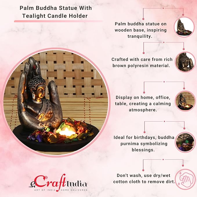 Ecraftindia Copper Finish Handcrafted Palm Buddha Decorative Showpiece With Wooden Base | Fragranced Petals and Tealight