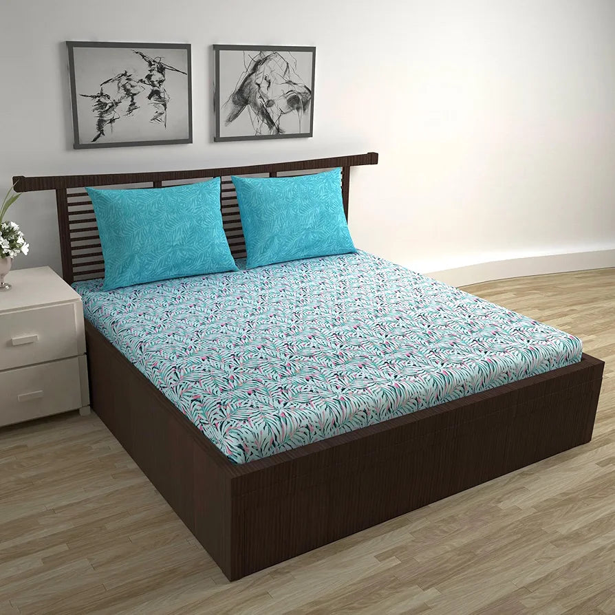Divine Casa 144 TC 100% Cotton Double Bedsheet with 2 Pillow Covers Tropical Leaf Colour Light Blue Pink