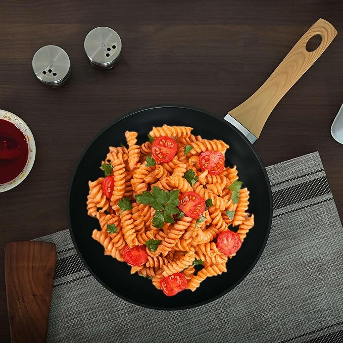 Femora Foged Die Cast Aluminium Non Stick 20 Cm Frypan With Wood Finish Handle | Granite Finish | Induction & Gas Ready
