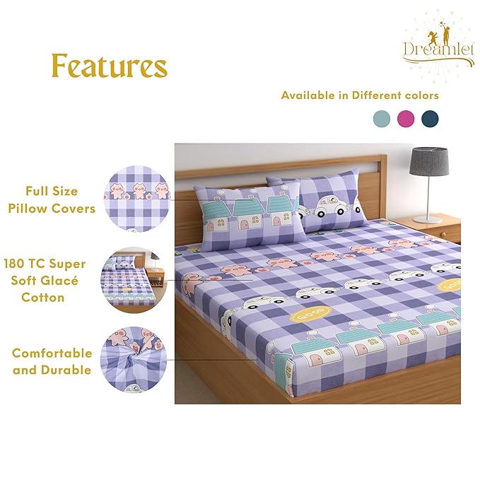 Dreamlet Prime Collections 180tc Pure Cotton Breathable Supersoft Wrinkelfree Double Flat Bedsheet With 2 King Size Pillow Covers | Purple