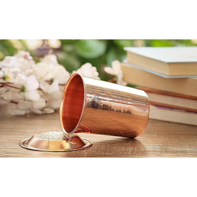 Indian Art Villa Copper Glass Tumbler with Lid Plain Design (Pack of 4)
