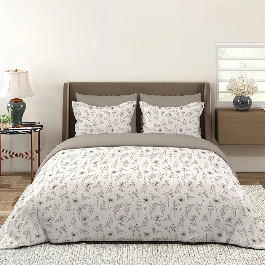 Layers Lumina Floret Cotton Bedsheet Set for All Seasons Lightweight 144 TC Queen Size Beige Flowers