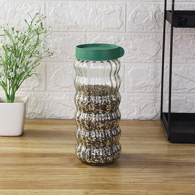 Femora Kitchen Storage Jars Clear Glass With Plastic Stackable Lid Jar | 1000 Ml | Pack of 2