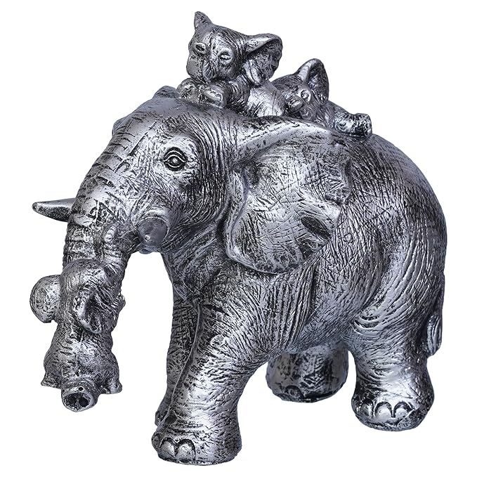 Ecraftindia Cute Silver Elephant Statue Carries Three Calves on Its Back and Trunk | Good Luck Home Decor Showpiece