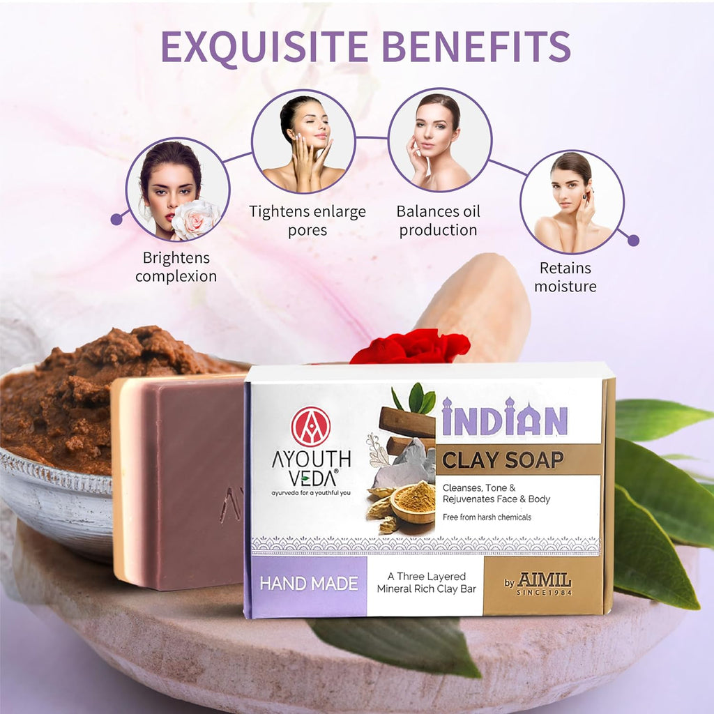 Ayouthveda Handmade Indian Clay Soap | Nourishes Protectes & Hydrates Skin | A Three Layered Mineral Rich Clay Bar| Daily use Bar for Both Men & Women (Pack Of 1-110g)
