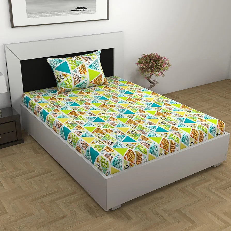 Divine Casa 100% Cotton Bedsheet for Single Bed, 144 TC Bedsheet Single Size Bed Cotton with 1 Pillow Cover Colour Aqua & Mustard