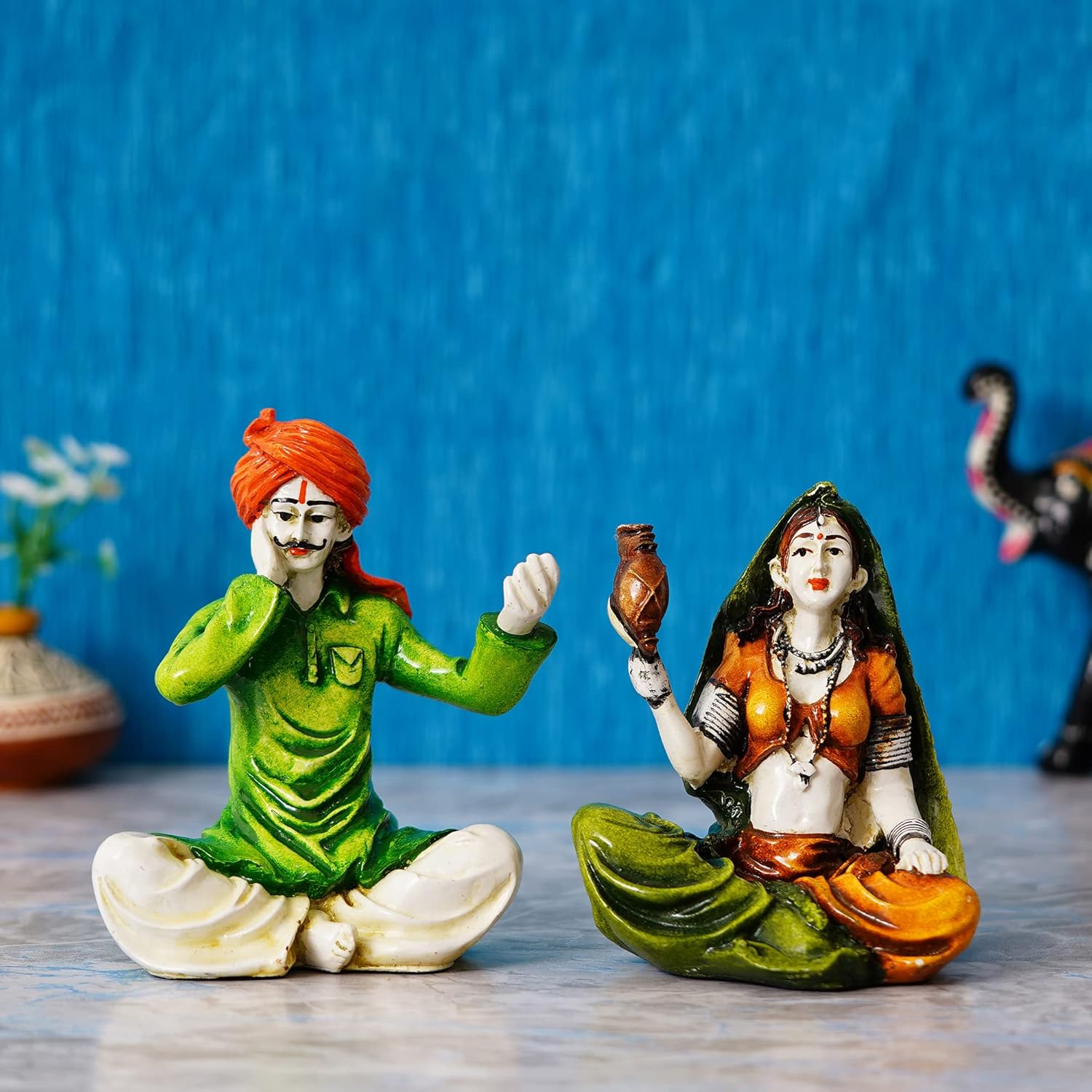 Ecraftindia Colorful Combo of Rajasthani Craftsmen Singing and Lady Playing Musical Instrument Statue