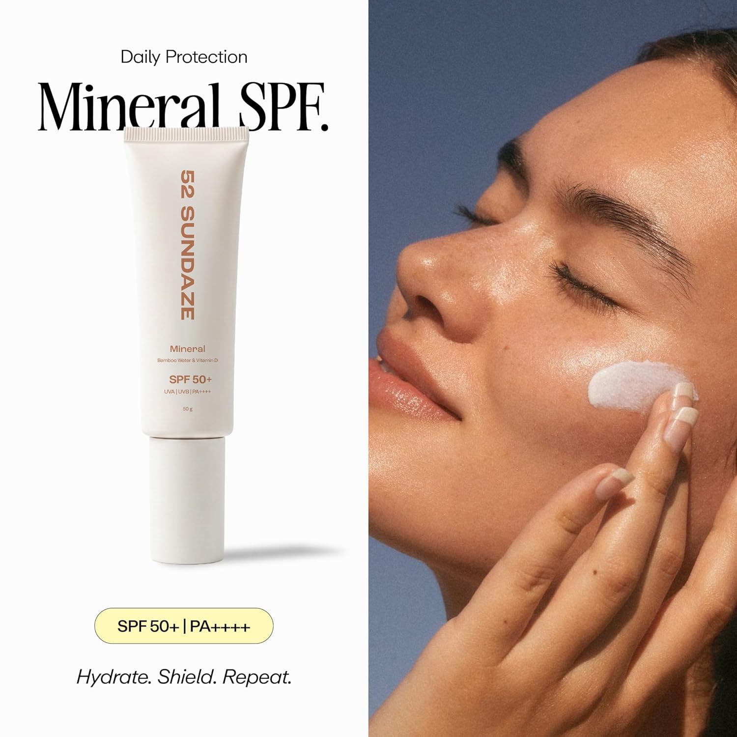 52 Sundaze 100% Mineral Sunscreen SPF 50 PA++++ | For Senitive Skin | No White Cast | In-Vivo Tested | Blue Light & Pollution Protection | No White Cast | Zinc Oxide & Iron Oxide | Fragrance Free | 50g
