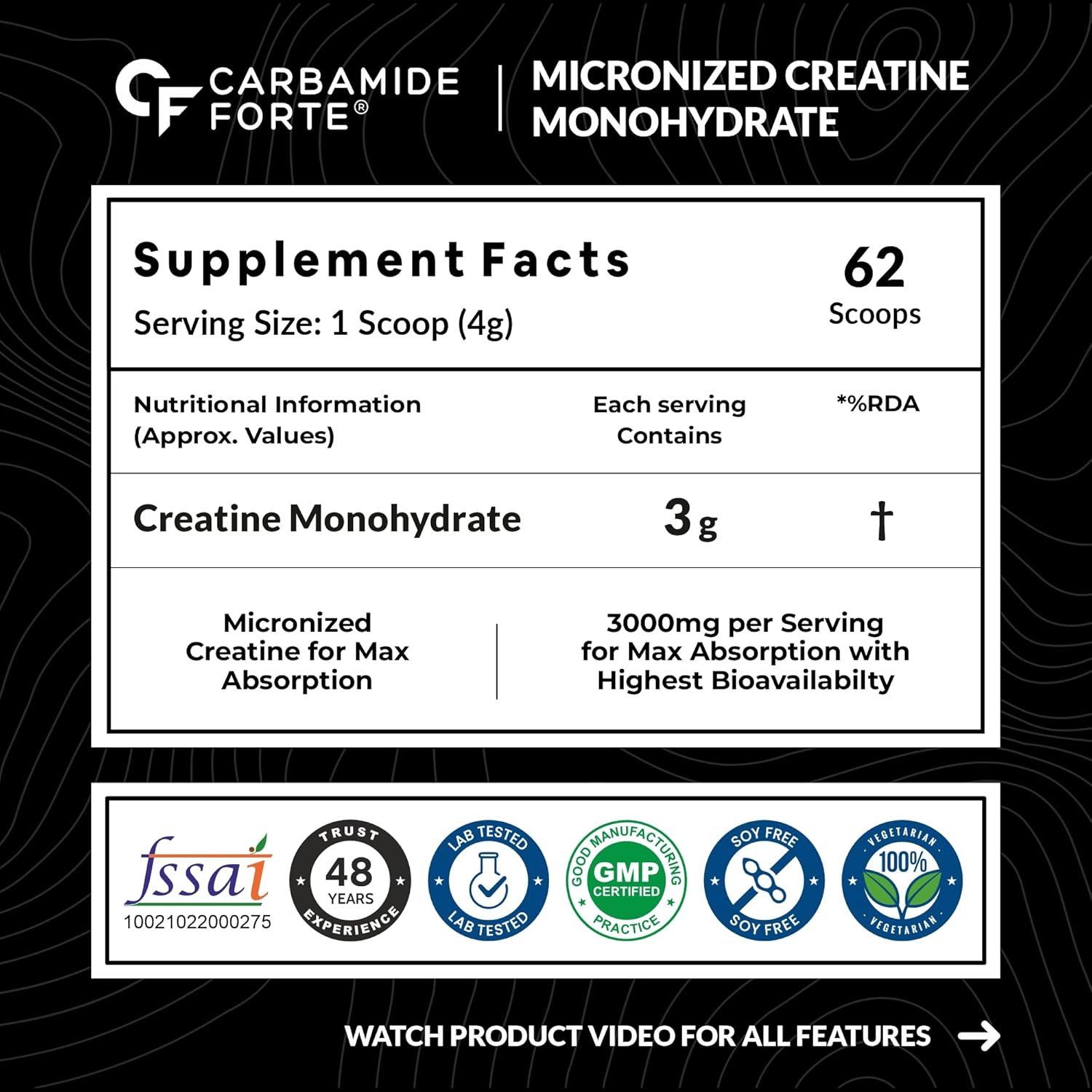 Carbamide Forte Monohydrate Creatine Powder Flavoured | Creatine Flavoured | Supplement for Lean Muscle Volumization, Strength & Energy - Blueberry - 62 Servings - 250 Grams