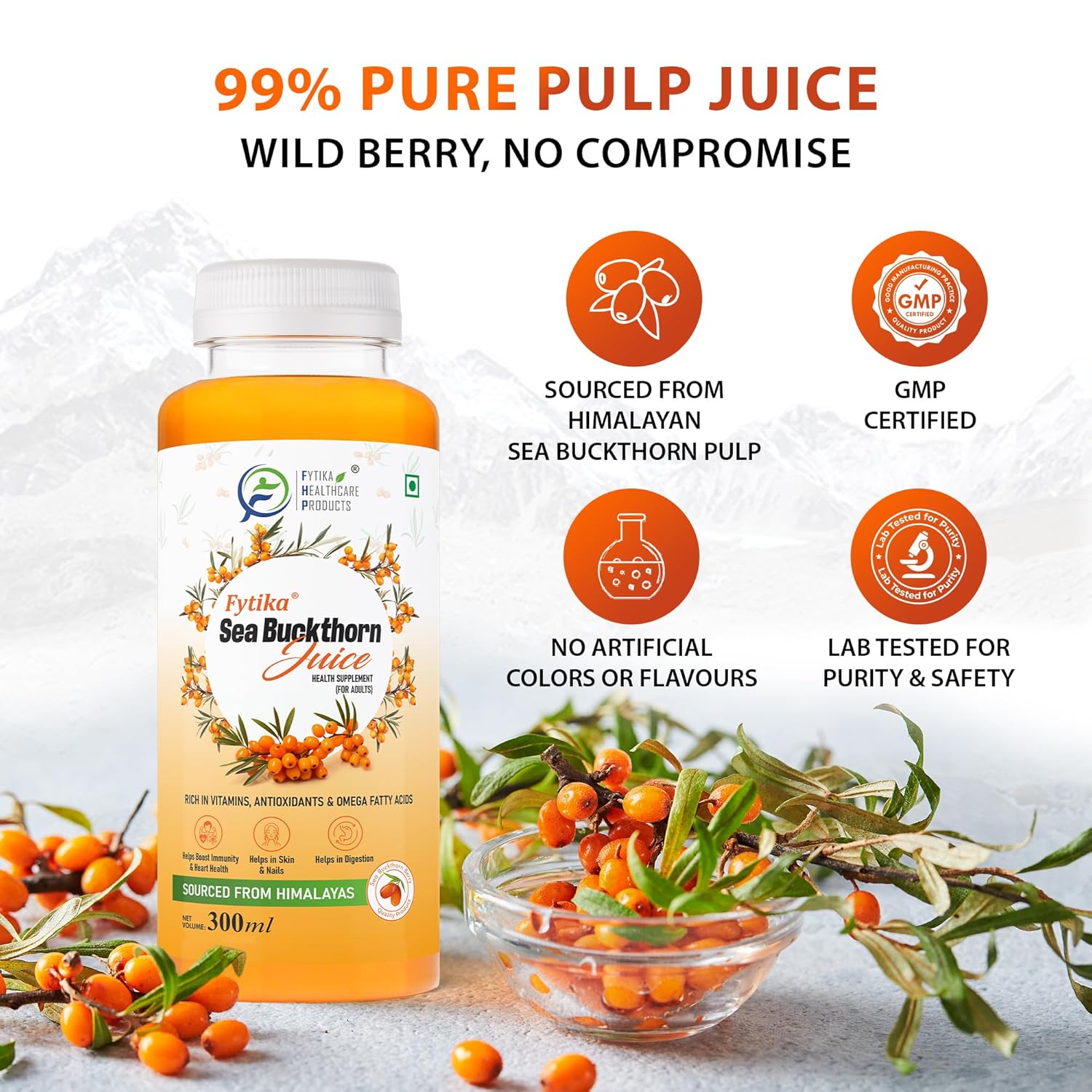 Fytika Himalayan Seabuckthorn Berry Juice â€“ 300ml | Rich in Omega 3, 6, 7, 9 & Vitamin C â€“ Boosts Immunity, Skin Glow & Heart Health | Natural Herbal Juice (Pack of 1)
