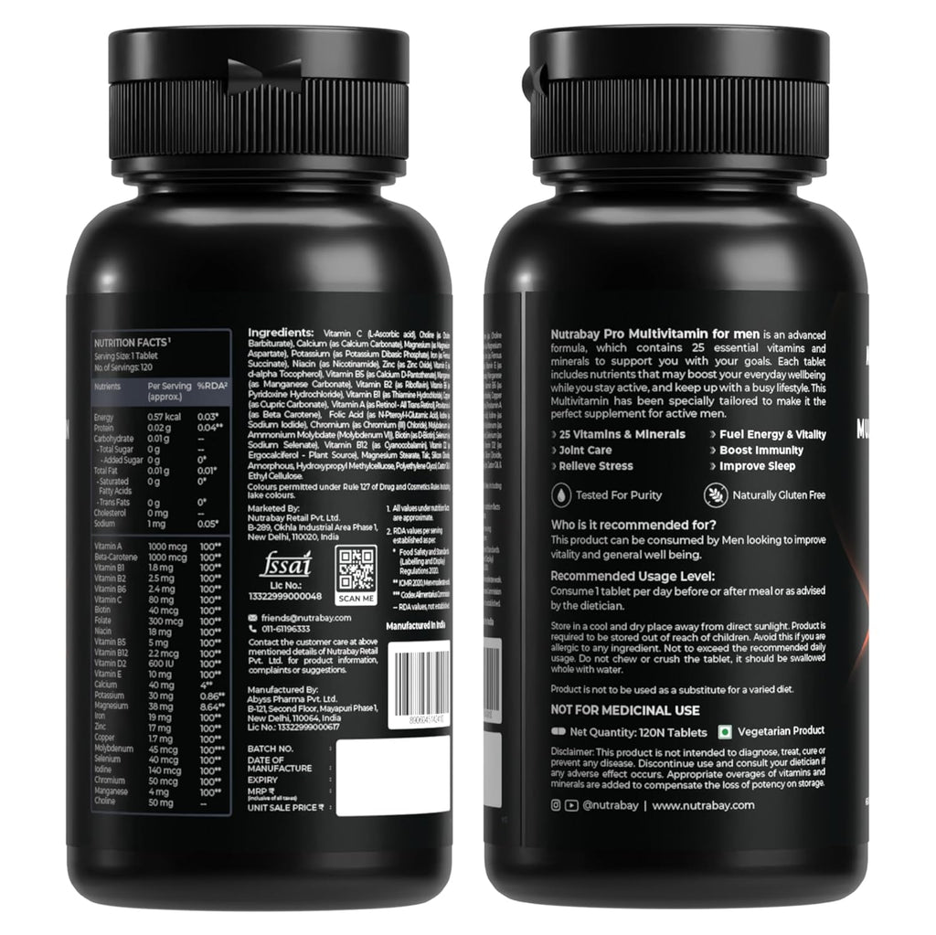 Nutrabay Pro Active Multivitamin for Men with Zinc, Magnesium, Vitamin B,C,A,E â€“ Enhances Energy, Immunity & Better Sleepâ€“ 120 Veg Capsules | 100% RDA for Viamins & Minerals | Purity Tested Supplement