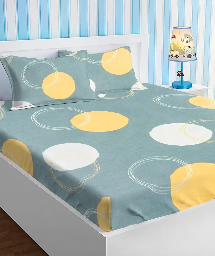 Homekart Premium Cotton Elastic Fitted Bedsheets with 2 King Size Pillow Covers Double Bed Cricle Printed Grey & White 200 tc - 220 tc