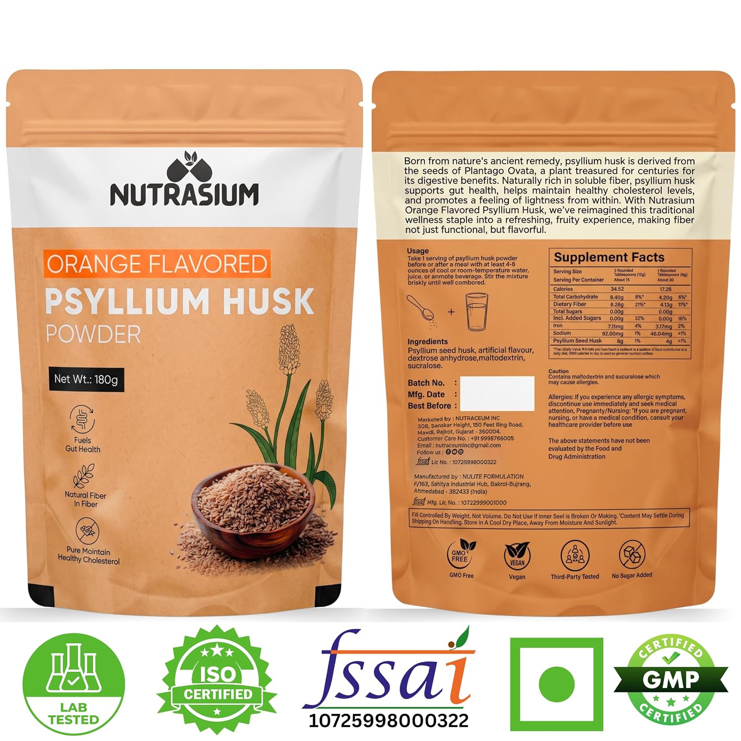 Nutrasium Psyllium Husk Powder | Isabgol Powder | Supports to Relieves Constipation | Rich Source Of Dietary Fiber Supplement For Digestion & Gut Health | 180 gram Orange Flavour