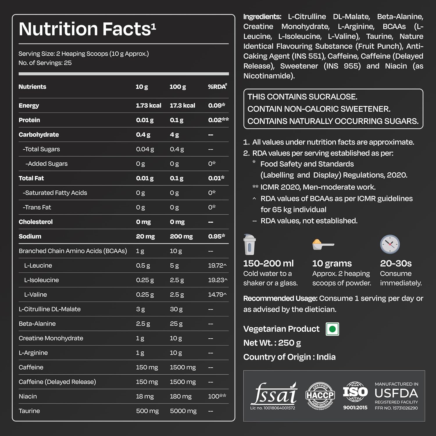 Nutrabay Gold Spark Pre Workout Supplement Powder 300mg Caffeine, 1000mg L-Arginine, 3000mg Beta Alanine, 2500mg Citrulline Malate per Serving â€“ Muscle Pump & Performance â€“ 250g, Fruit Punch