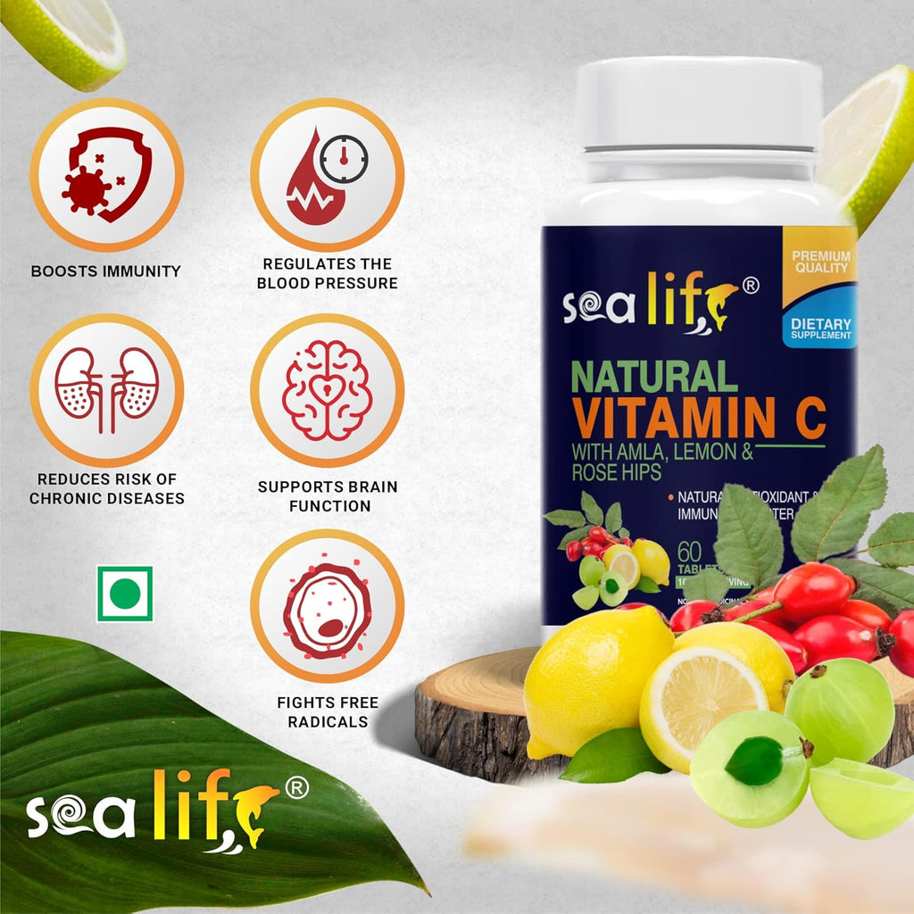 Sea Life Natural Vitamin C 1000 mg (60 Veg Tablets) sourced from 100% Natural Amla, Lemon & Rose Hips Extracts | Promotes Glowing Skin | Immunity Booster & Antioxidant | _Parent (Pack of-1)