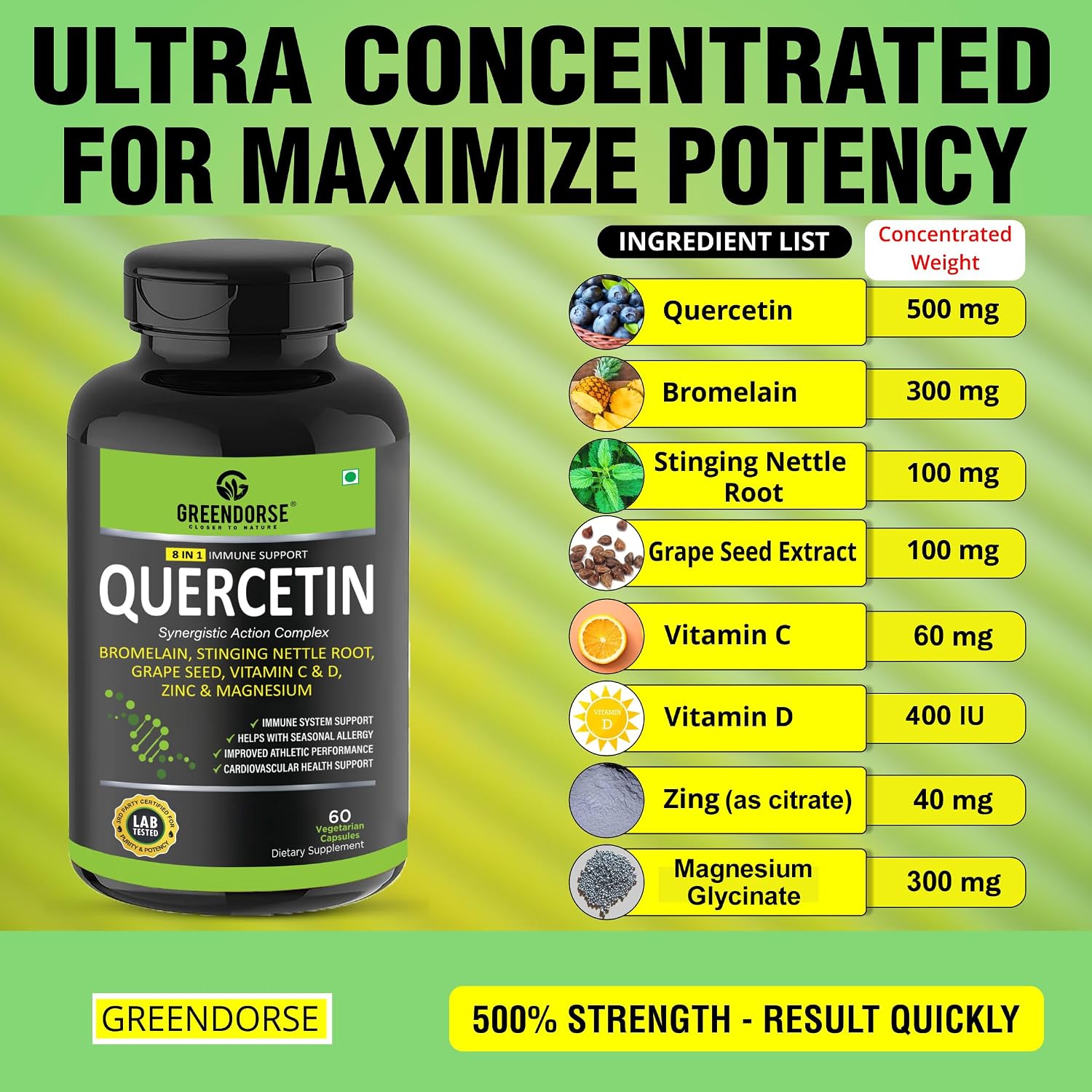 GREENDORSE Premium Quercetin with Bromelain, Stinging Nettle, Grape Seed, Vitamin C & D, Zinc, Magnesium – 8-in-1 Immune Support Supplement – Antioxidant, Allergy Relief, Cardiovascular & Respiratory Health – 60 Vegan Capsules