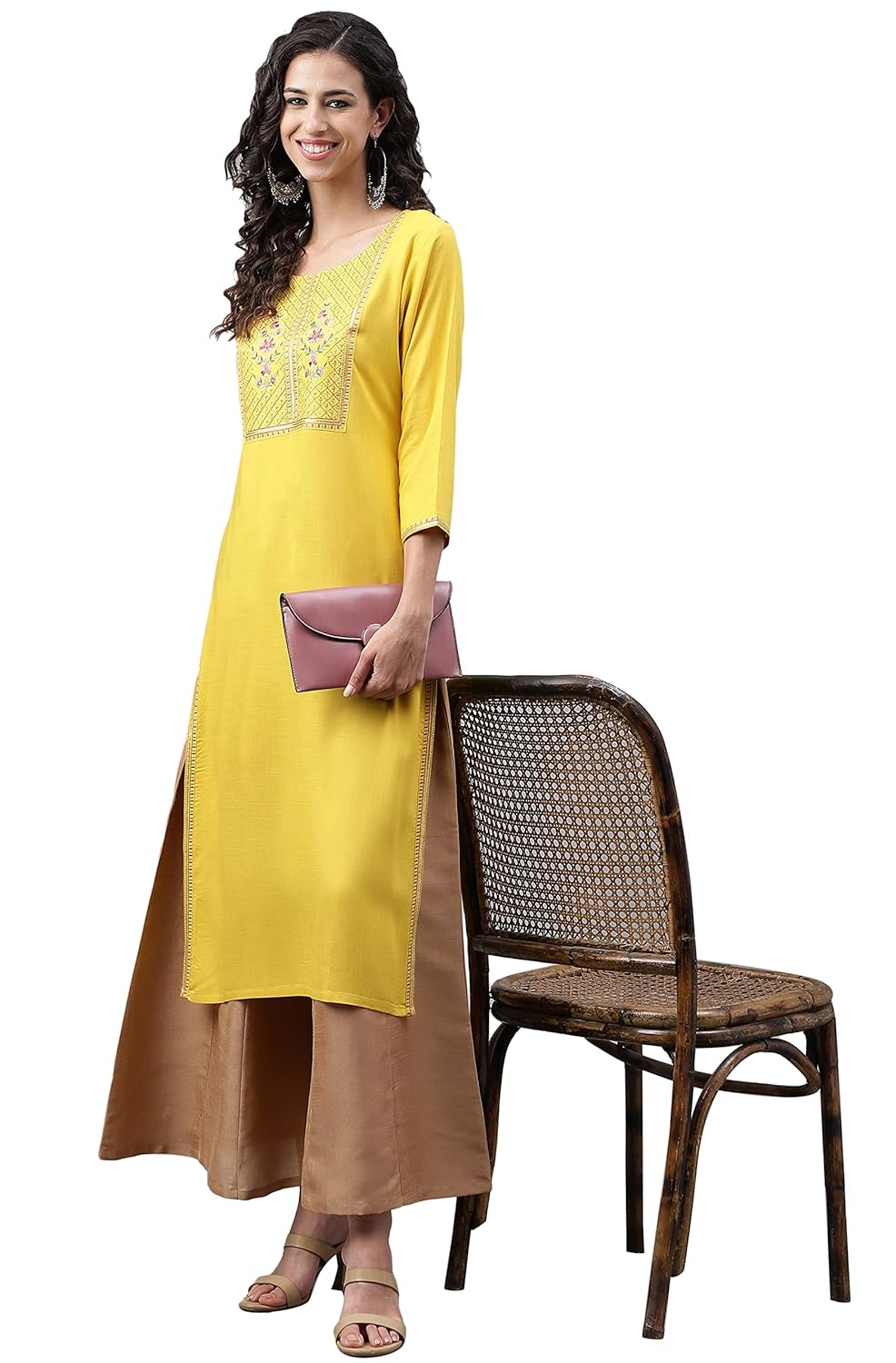 Janasya Women's Mustard Poly Rayon Solid Straight Kurta