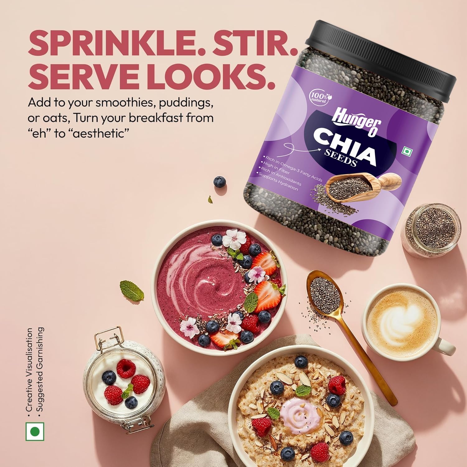 Hunger 0 Premium Grade Chia Seeds, Raw Seeds for Eating, Rich in Fiber, Calcium, Protein & Omega 3, Healthy Superfood for Smoothies, Salads, Baking & Daily Diet Food