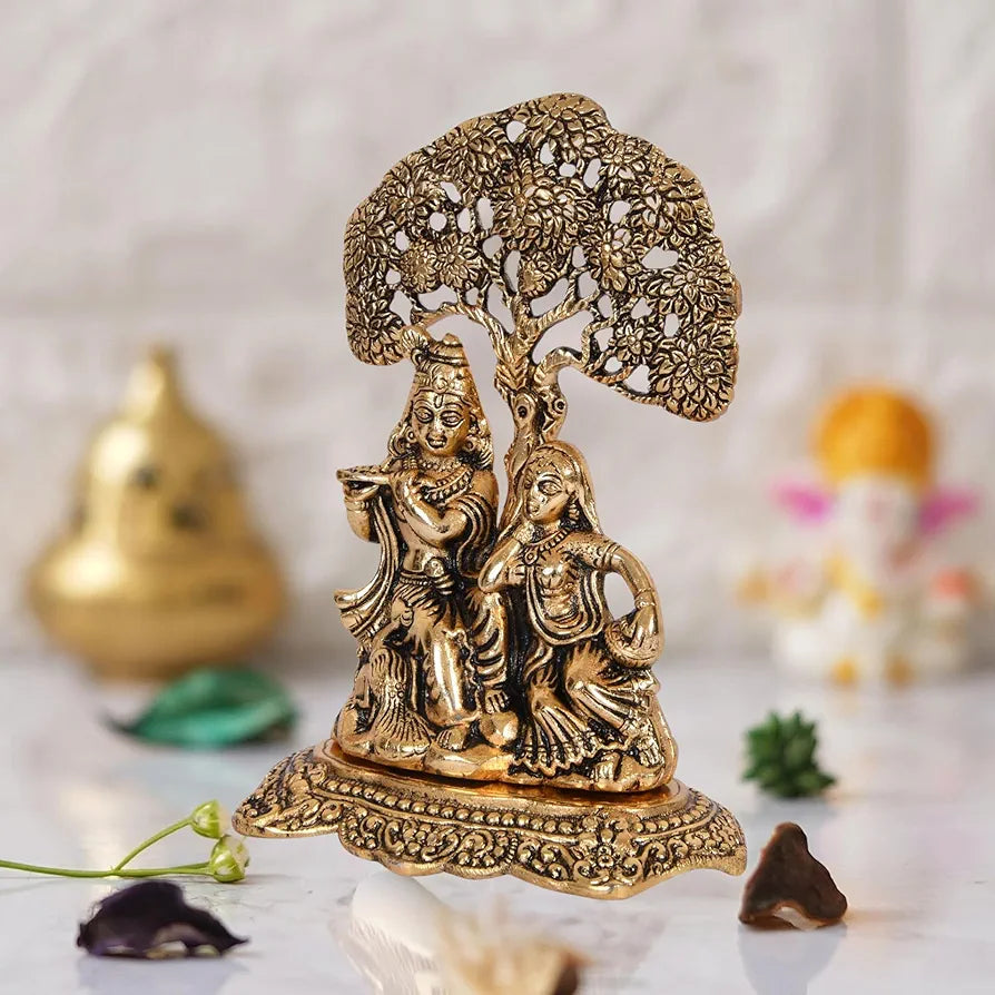 Chhariya Crafts Metal Radha Krishna Sitting Under Tree Plying Flute Decorative Showpiece for Home and Office Decor - 14 cm