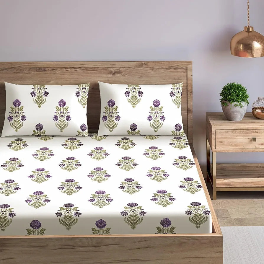 Trance Home Linen 180 TC 100% Cotton 78"x72" Standard King Size Elastic Fitted Bedsheet Printed King Bed Size with 2 Pillow Covers Colour Aangan Purple