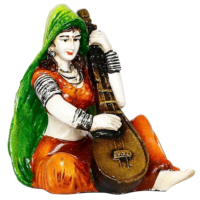 Ecraftindia Colorful Combo of Rajasthani Craftsmen Singing and Lady Playing Musical Instrument Sitar Statue