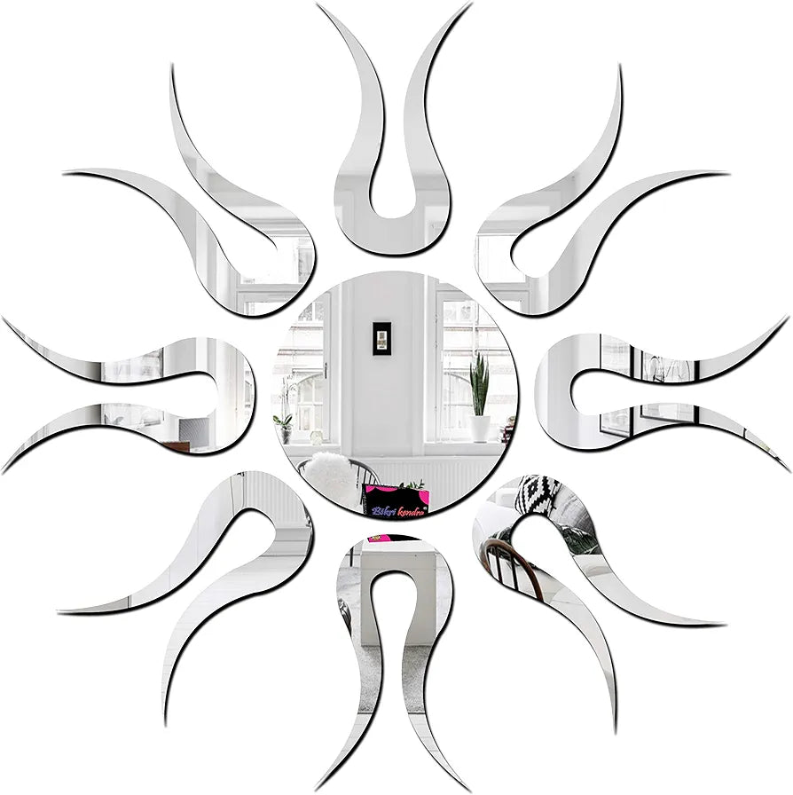 Bikri Kendra Sun Silver Model-13 Mirror Stickers for Wall, Acrylic Mirror Wall Decor Sticker