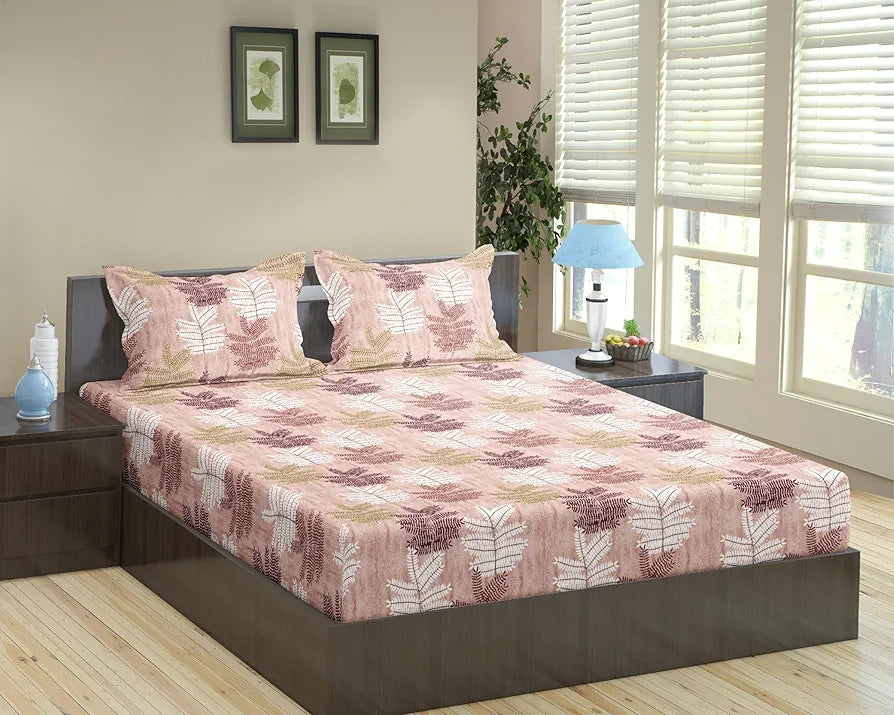 Trance Home Linen 100% Cotton Standard King Size Elastic Fitted Bedsheet Printed King Bed Size With 2 Pillow Covers King 78X72 Inch Colour Ferns Coral