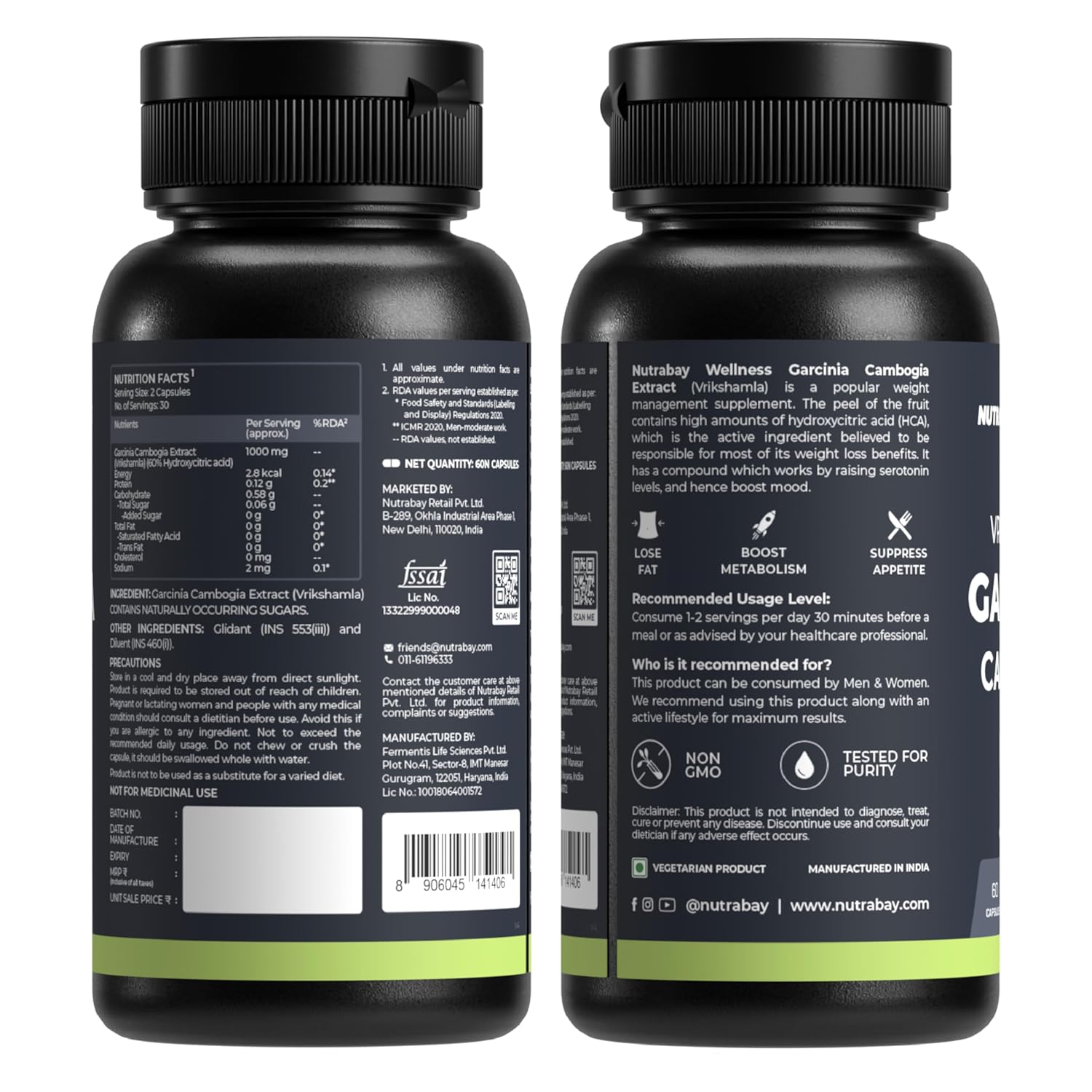 Nutrabay Wellness Garcinia Cambogia Extract for Weight Management, 100% Vegetarian & Natural Fat Burner for Men & Women - 1000mg, 60 Veg Capsules