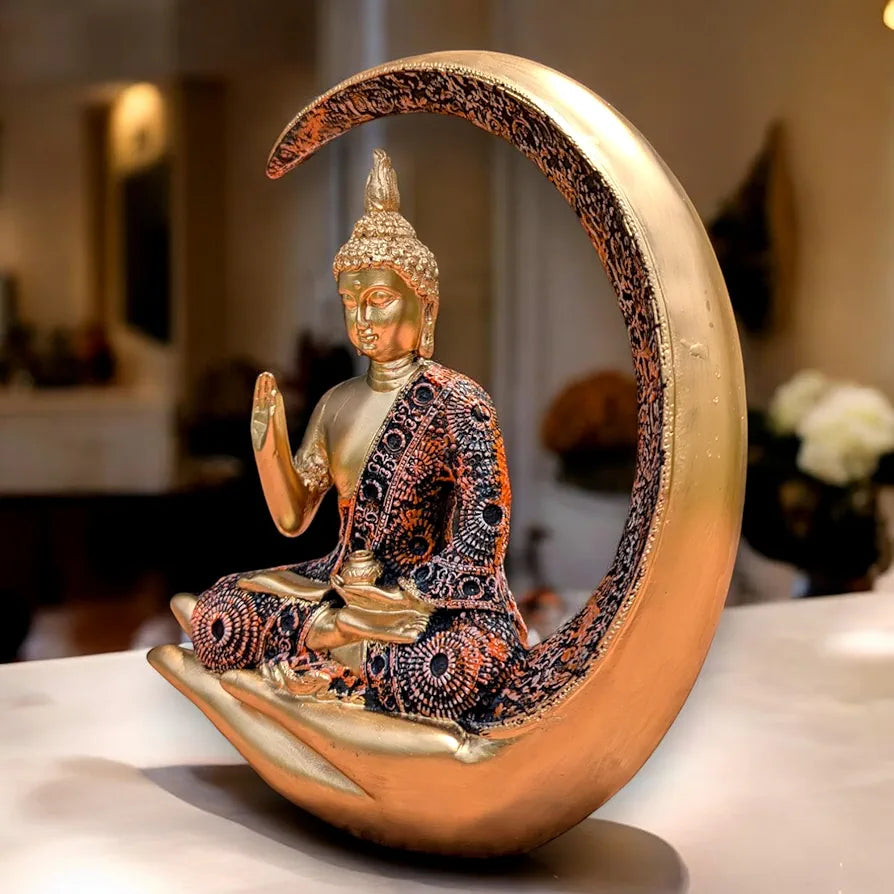 Neelaya Antique Meditating Moon Buddha Showpiece Polyresin Statue Multicolour