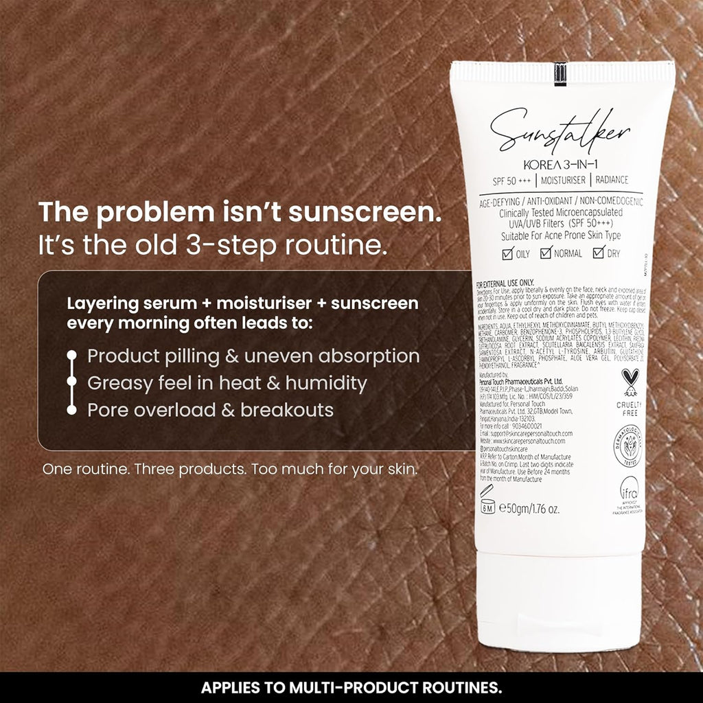 Personal Touch Sunscreen SPF 50 PA+++ for Face | Sunstalker Korea 3 in 1| Lightweight Sunscreen with No White Cast | Non-Greasy, Acne Safe & Oil-Free | With Niacinamide | For Oily & Dry Skin | 50 ml