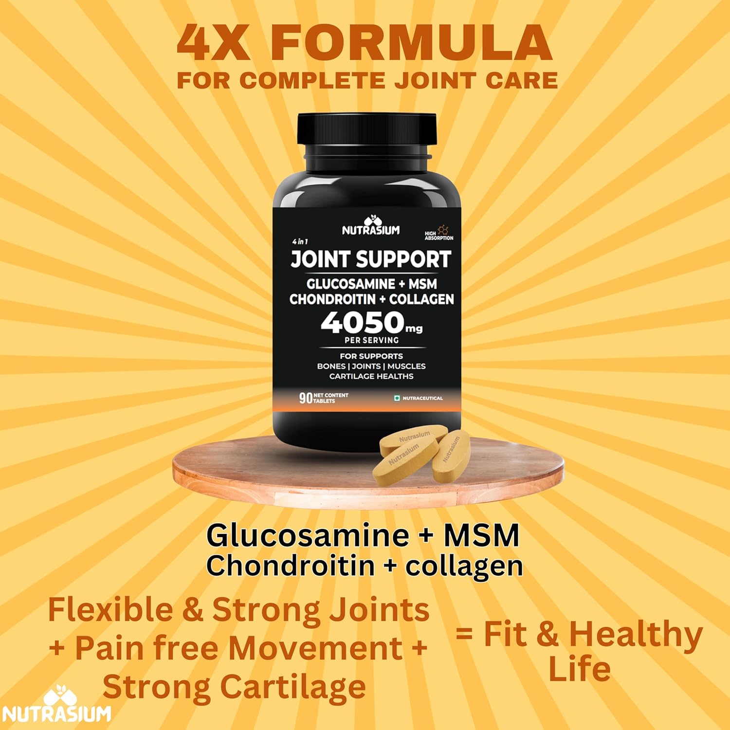 Nutrasium Glucosamine Tablets For Joint Support with Collagen & Glucosamine Chondroitin MSM | Joint Cartilage Support & Muscle Health | Joint Pain & Joint Care Supplement | 30 Tablets
