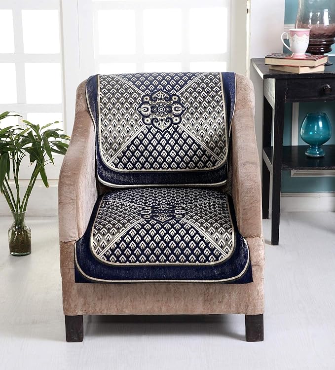 Nendle Velvet Chenille Fabric 5 Seater Sofa Cover (Navy Blue) Set of 6 Pieces