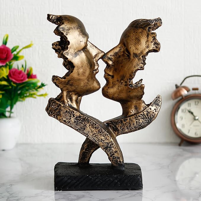 Ecraftindia Golden Polyresin Antique Finish Woman and Man Kissing Each Other Handcrafted Decorative Couple Showpiece