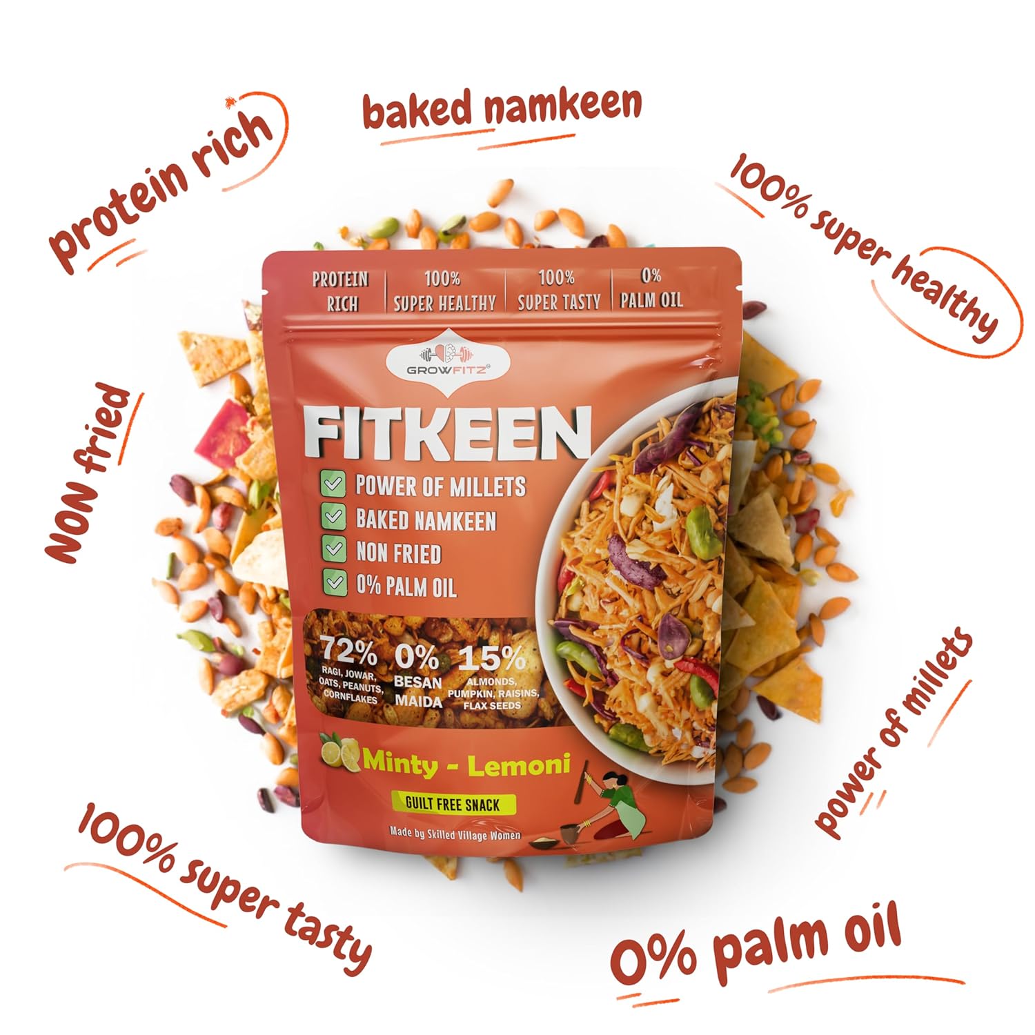 Growfitz Baked Namkeen Mixture 200g | Minty Lamoni Flavor | Power of Millets, Non Fried, 0% Palm Oil | 12.4g Rich Protein | Super Tasty, Healthy & Guilt Free Snacks | 0% Maida & Besan (Pack of 1)