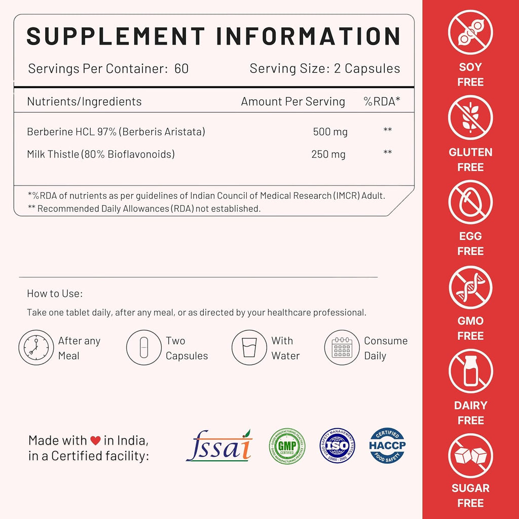 Nutrabud Berberine 500mg with Milk Thistle Supplement - Berberis Aristata Berberine HCL 97% - 60 Veg Capsules (60 Count (Pack of 1))