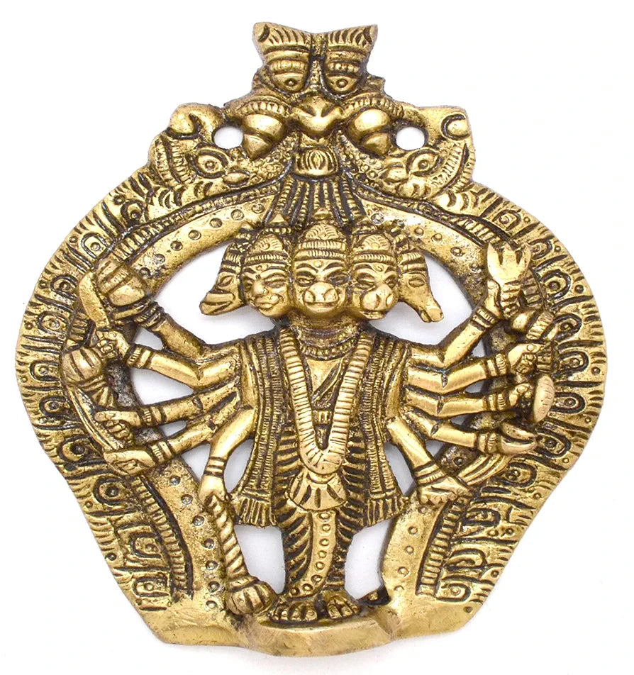 Two Moustaches Panchmukhi Hanuman Brass Wall Hanging Idol