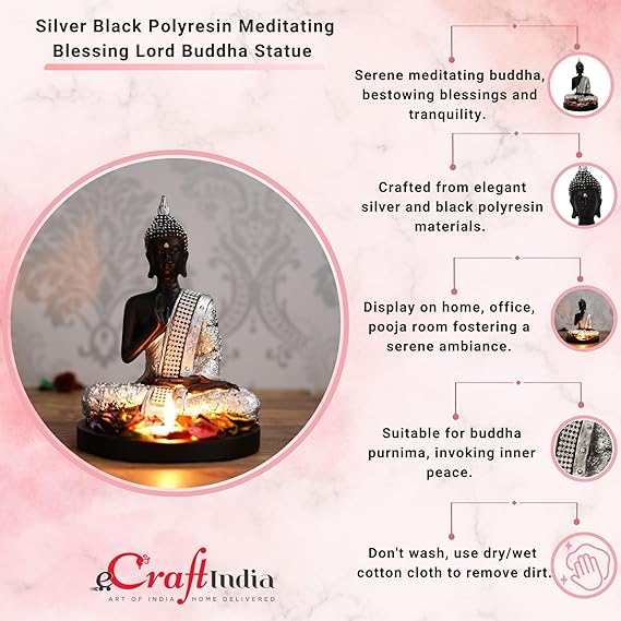 Ecraftindia Handcrafted Meditating Lord Buddha Polyresin Idol | Silver