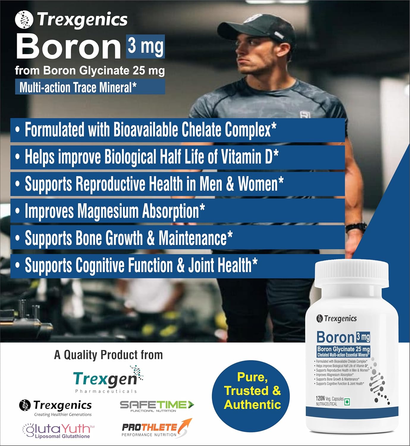 Trexgenics Boron 3 mg from Boron Glycinate 25 mg Multi-action Mineral, Bone, Cognitive Function & Joint Health (120 Veg Capsules)