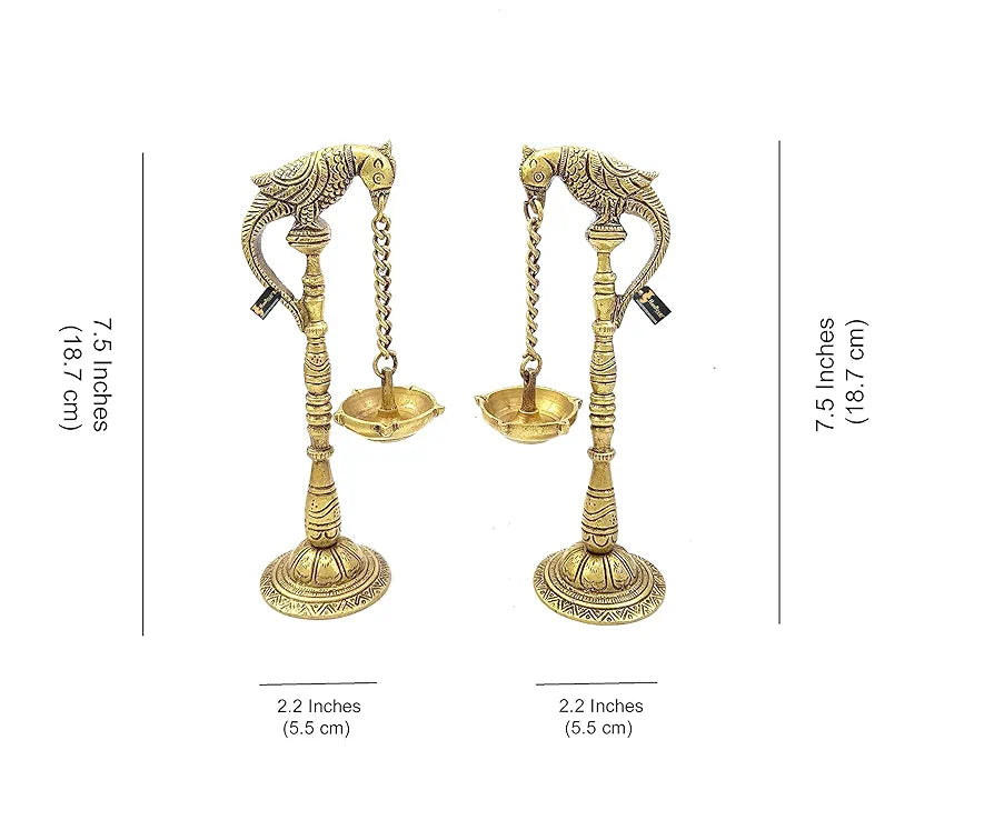Two Moustaches Parrot Design 7.5 Inches Brass Hanging Diya Pair