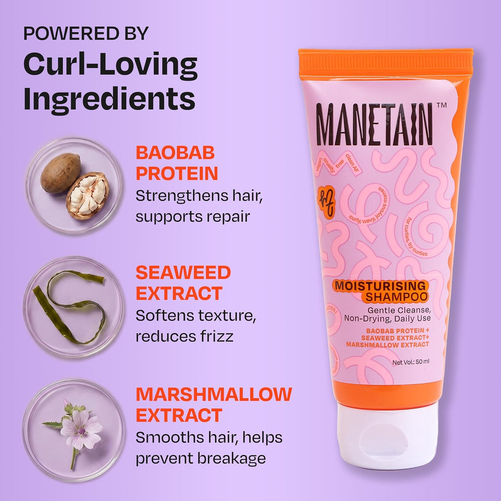 MANETAIN Moisturising Shampoo 50ml for Curly, Dry & Frizzy Hair | Sulphate & Paraben Free | Hydrates & Strengthens with Baobab Protein, Seaweed & Marshmallow Extract | CG-Friendly, Gentle Cleanser for Soft, Defined Curls