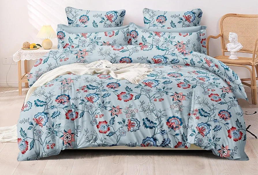 The Home Style Supersoft Cotton Feel Glace Cotton King Size Printed Flat Double Bedsheet wih 2 Pillow Cover 400 TC Bluebell Flower