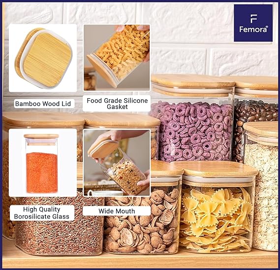 Femora Kitchen Storage Jars Borosilicate Glass Jar With Wooden Lid Air Tight Jar | 1000 Ml | Pack of 4