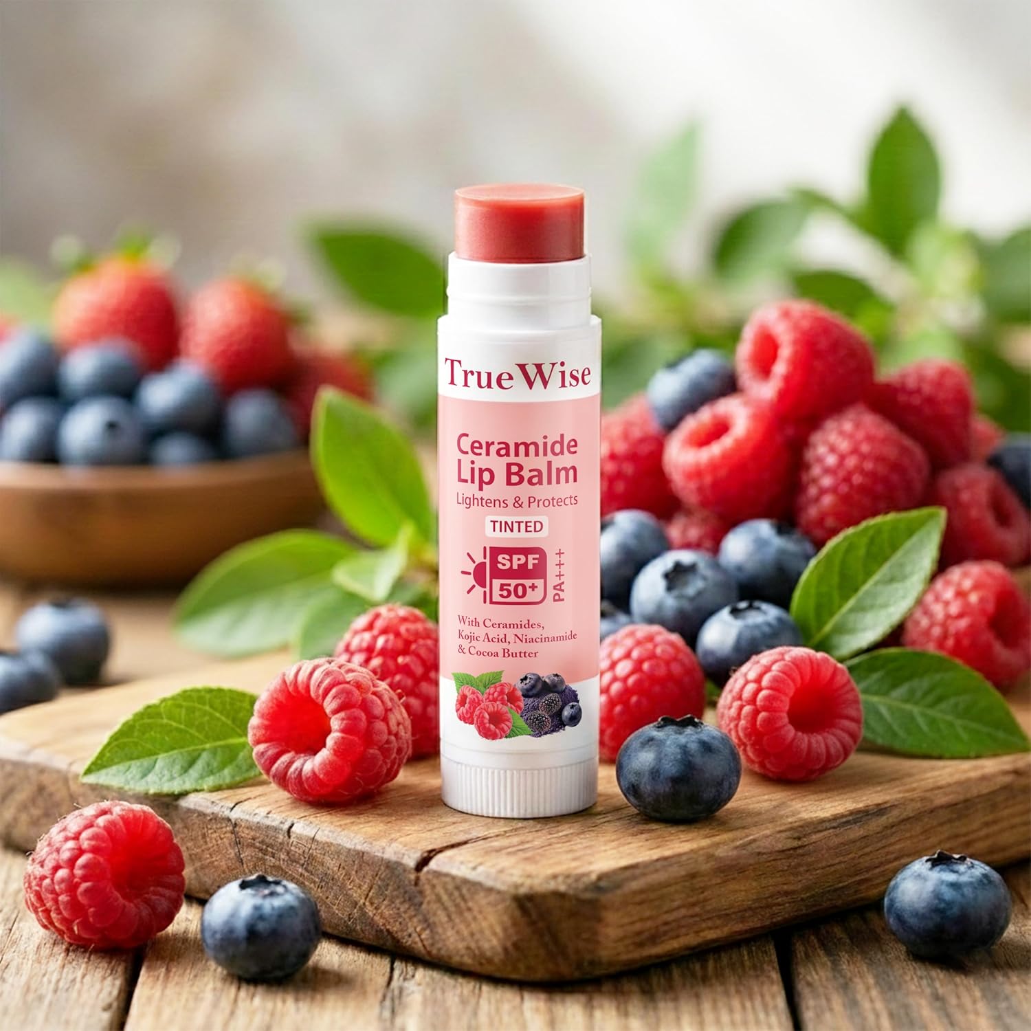 TrueWise Tinted Lip Balm with SPF 50 PA+++ | Brightening Pink Lip Balm For Dark Lips | Ceramides & Kojic Acid,Vitamin E, Soft, Glossy Lips for Women 5g