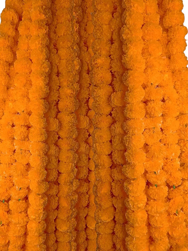 Artificial Marigold Garland Mala Flower Genda Phool Long For Decoration Light Orange 5 Pcs