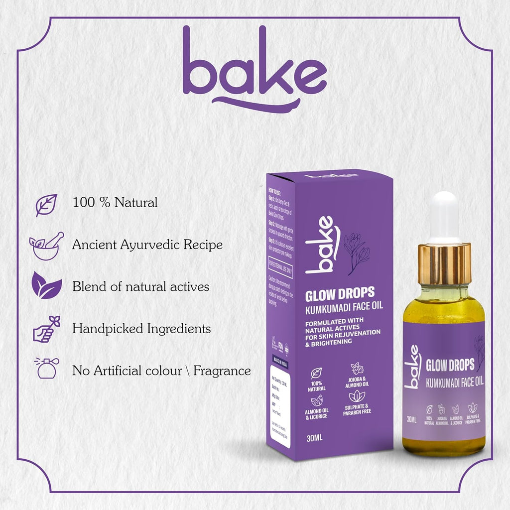 BAKE Kumkumadi Face Oil For Anti Aging, Glowing & Brightening Skin | For Pigmentation, Dark Circles | With Licorice, Saffron, Manjishtha | 30ml