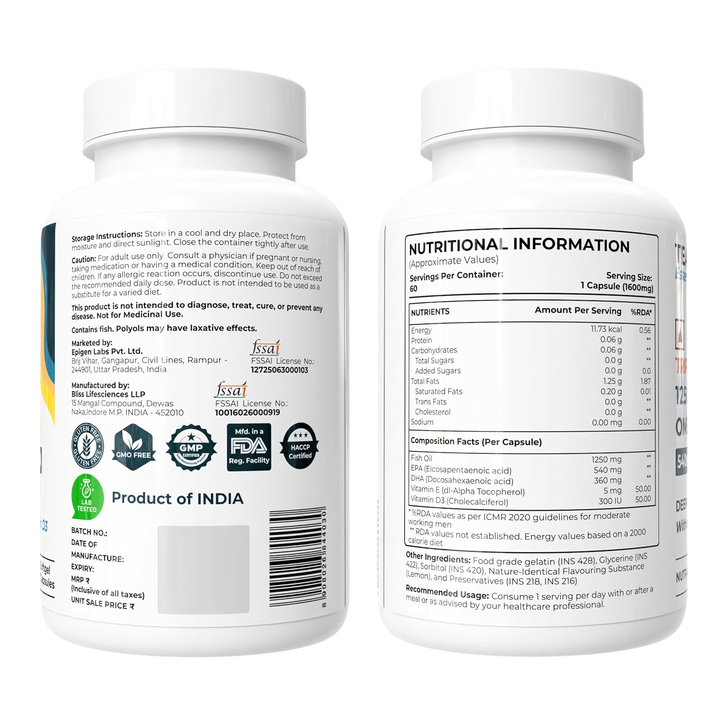 Tealed Omega 3 Fish Oil 1250mg | Triple Strength | 540mg EPA + 360mg DHA | Eurofins Lab Tested | With Vitamin D3 & E | Heart Brain Joint Support | No Fishy Burps | 60 Lemon Softgels for Men & Women