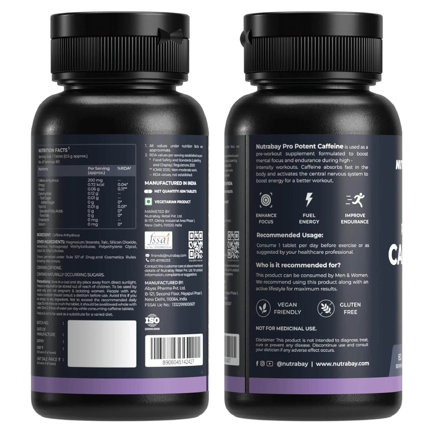 Nutrabay Pro Potent Caffeine Tablets 200mg | Natural Stimulant for Energy, Endurance & Focus, 60 Veg Tablets