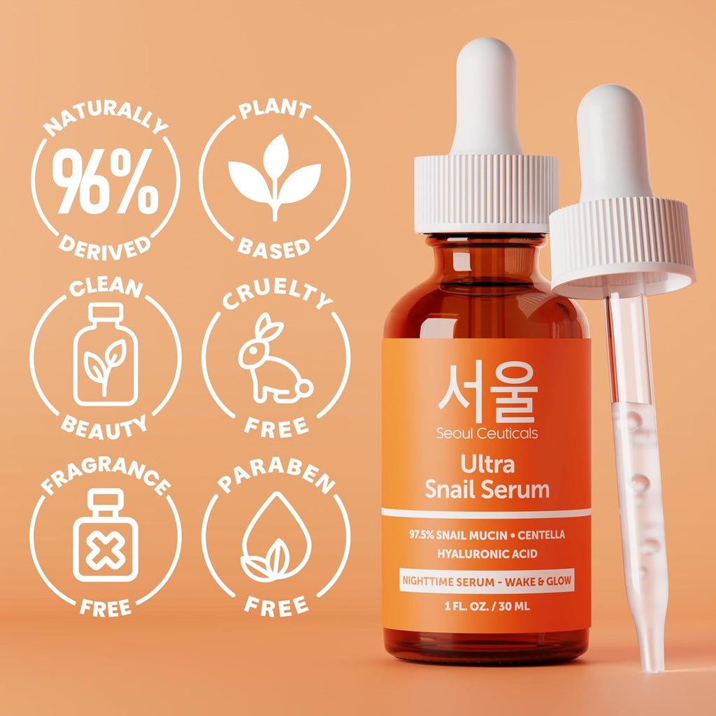 SeoulCeuticals Korean Snail Mucin Serum â€“ 97.5% Snail Serum with Hyaluronic Acid & Centella â€“ Anti Wrinkle & Anti Aging Serum for Face â€“ K Beauty Night Skincare - 30ml
