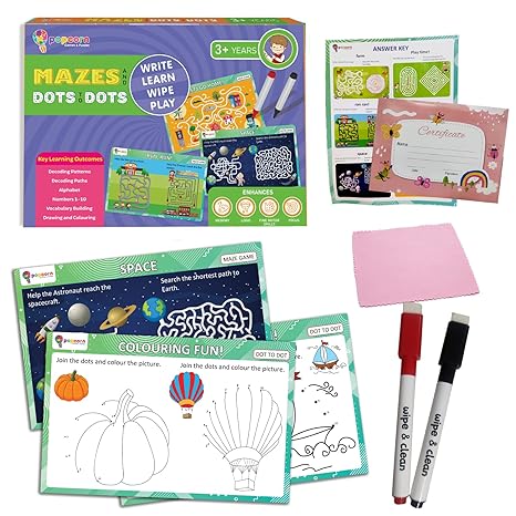 Popcorn Games & Puzzles Mazes and Dot to Dot Reusable Activity Mats with 2 Marker Pens Gifts
